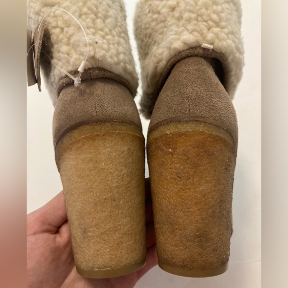 Joe Fresh Leather Suede Bootie Brown Foldable Sherpa Chunky Block Heel Boots - 9 - Picture 9 of 13